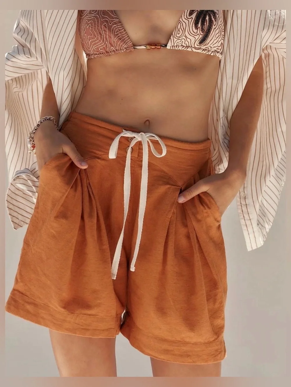 Free Est Rust Orange Linen Cotton Blend Drawstring Shorts - Size XS
